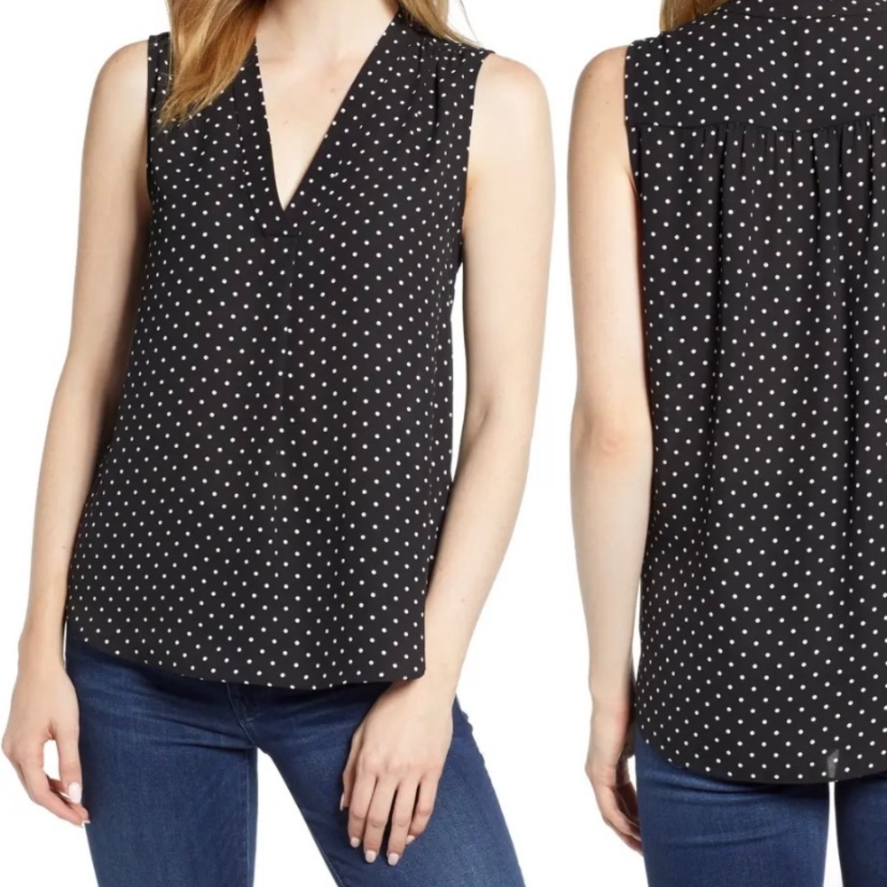 VINCE CAMUTO POLKA DOT SLEEVELESS V-NECK TANK TOP BLOUSE BLACK & WHITE. SIZE M